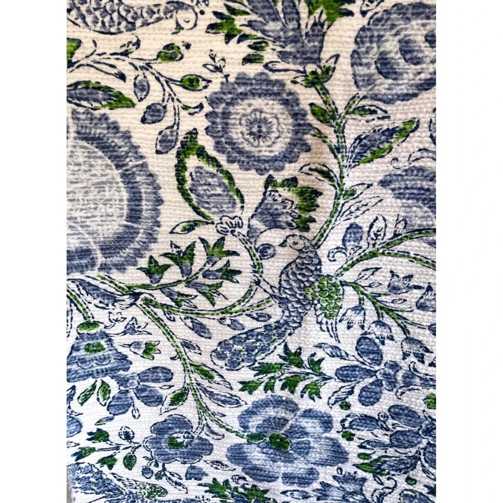 Rachel Zoe Blue Green Floral Block Print Cotton Table Runner 17x88 Frayed Edge